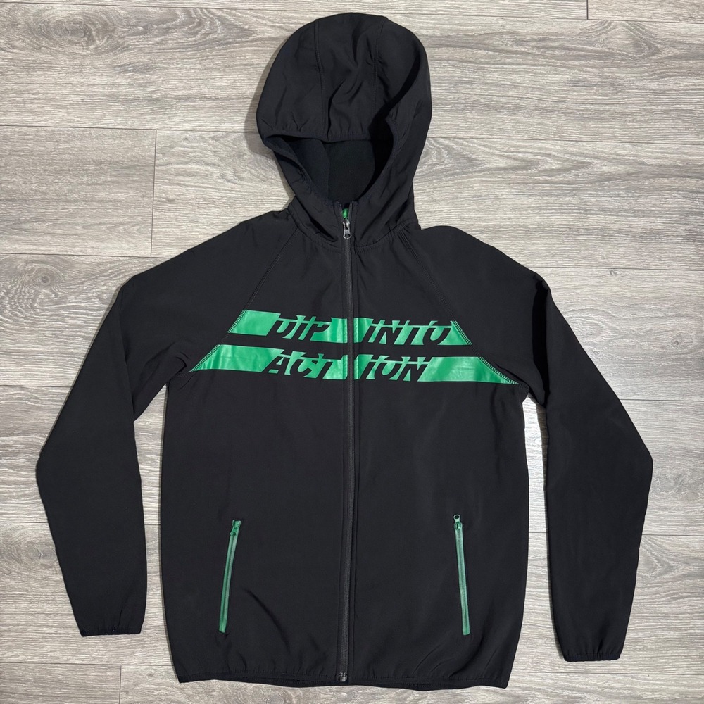 Dip Action Mens Small Black Green Graphic Full‎ Zip Hooded Windbreaker Jacket
